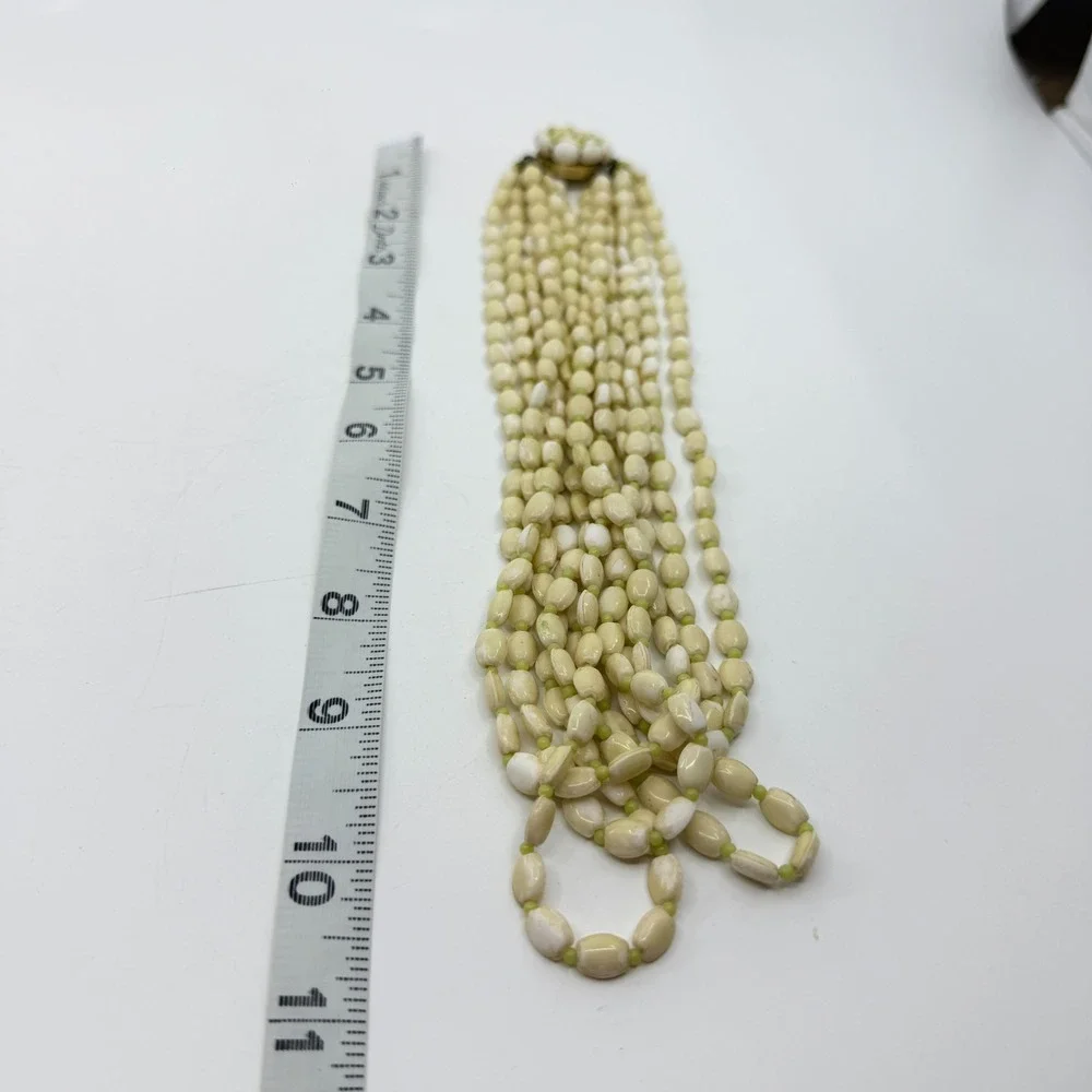 Cream Lime Green Multistrand Beaded Necklace Long Layered Chunky Boho Statement